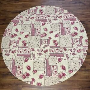 TerriSol 75" Round Tablecloth Ecru Pink Roses Block Patchwork Cottage Rustic